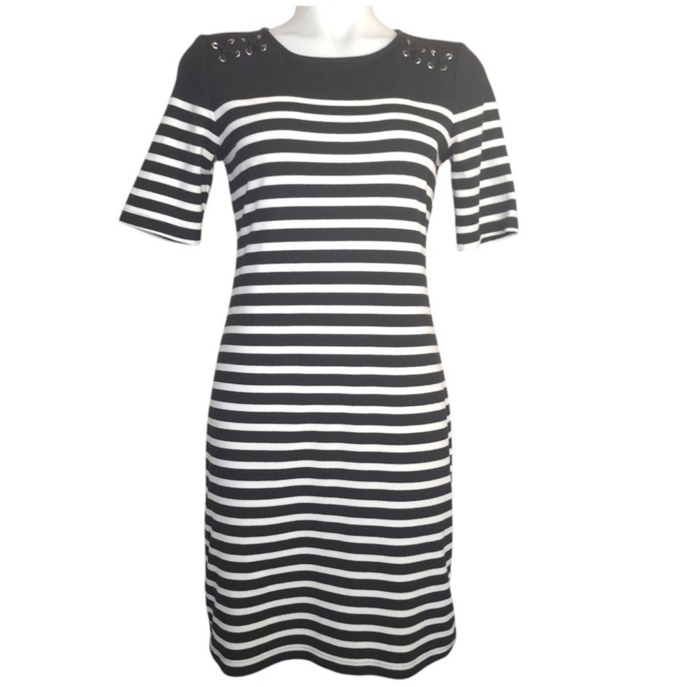 Karen Scott Sport Women's Striped Dress Size S Black/White Sheath Short Sleeves